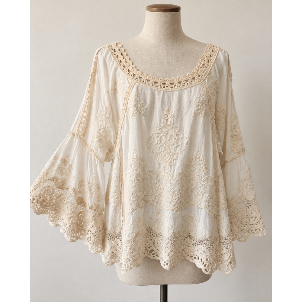 Democracy Womens Small Boho Embroidered Crochet Lace Cold Shoulder Blouse Ivory